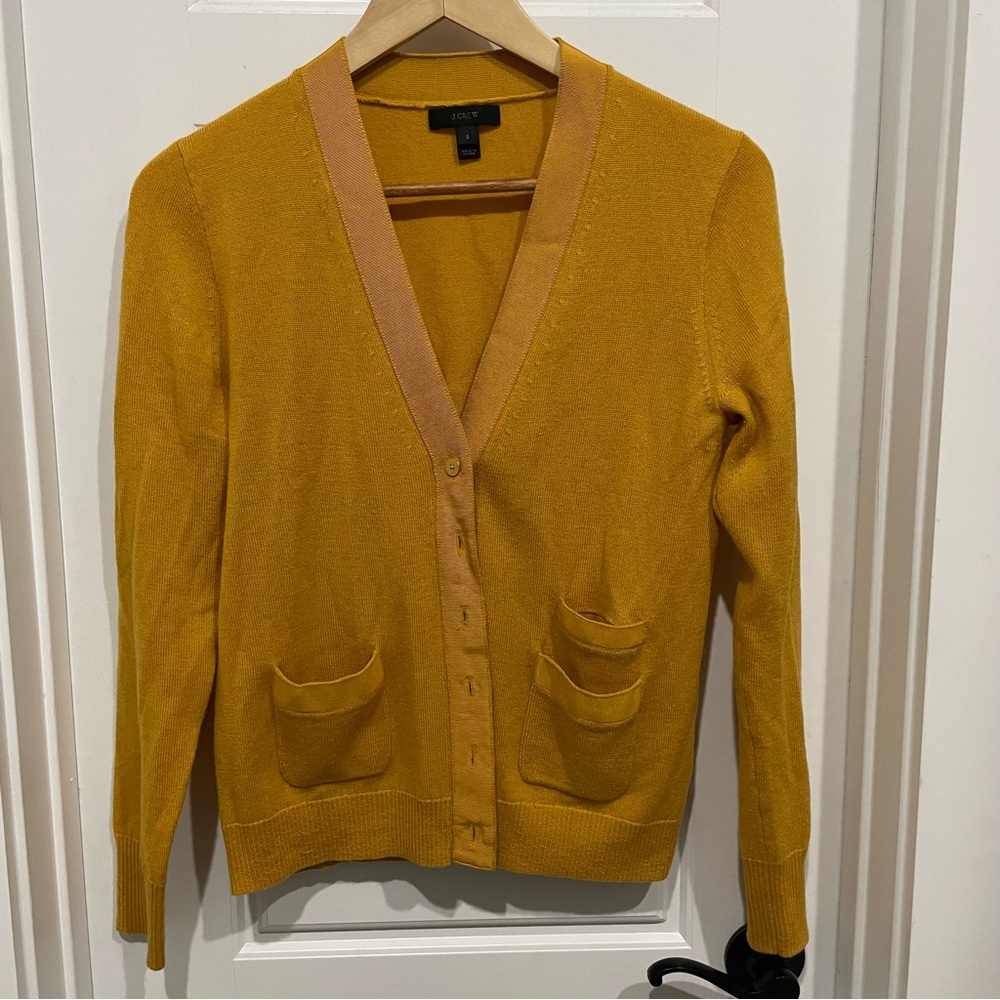Golden Cardigan from J. Crew with Ribbon Trim and Gold Buttons